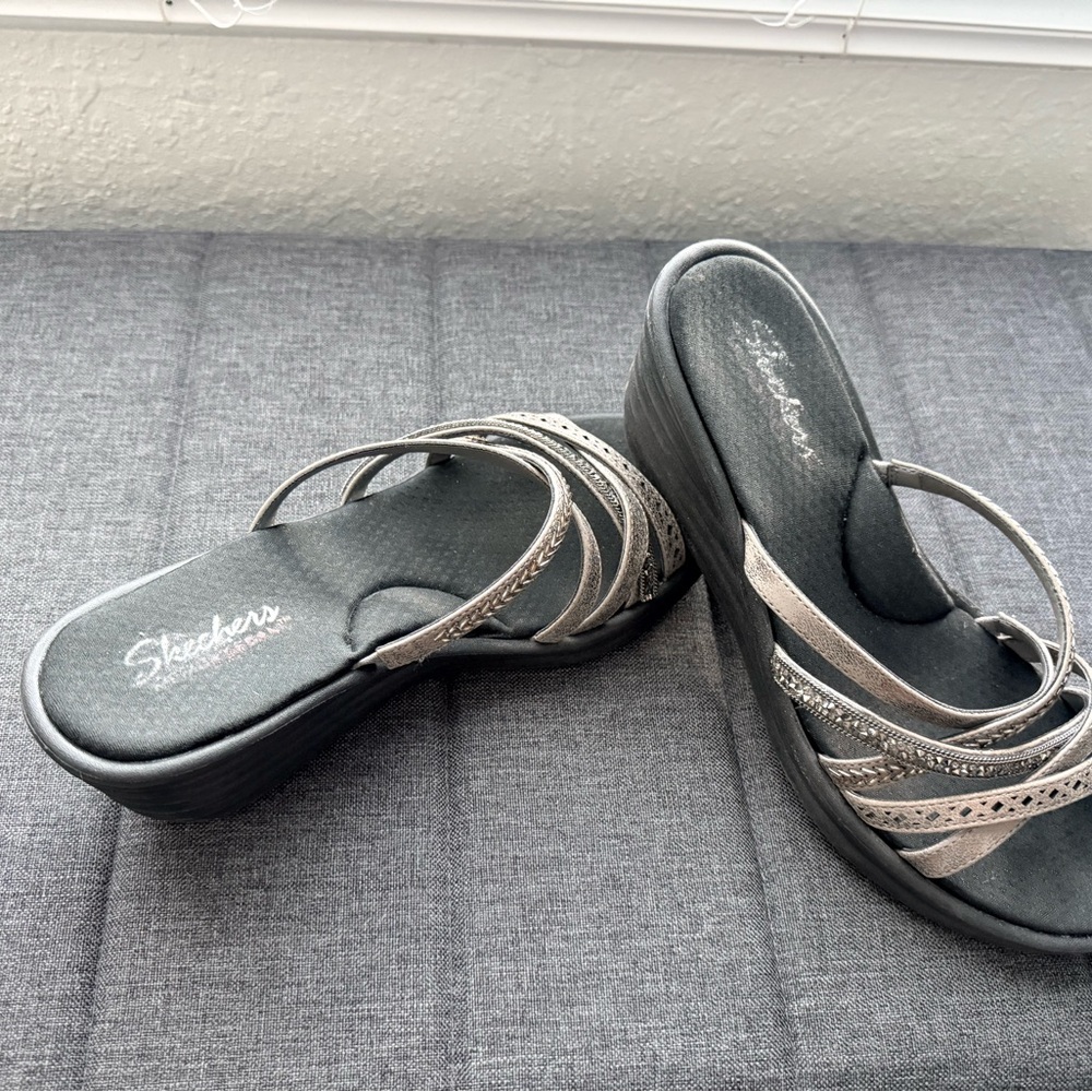 Skechers Women's Black and Silver Wedge Sandals